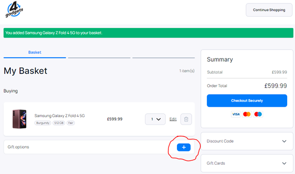 Explanation of how to add gift options for your purchase at 4gadgets