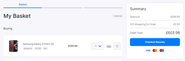 My Basket screenshot of buying a Samsung Galaxy Z Fold 4 5G